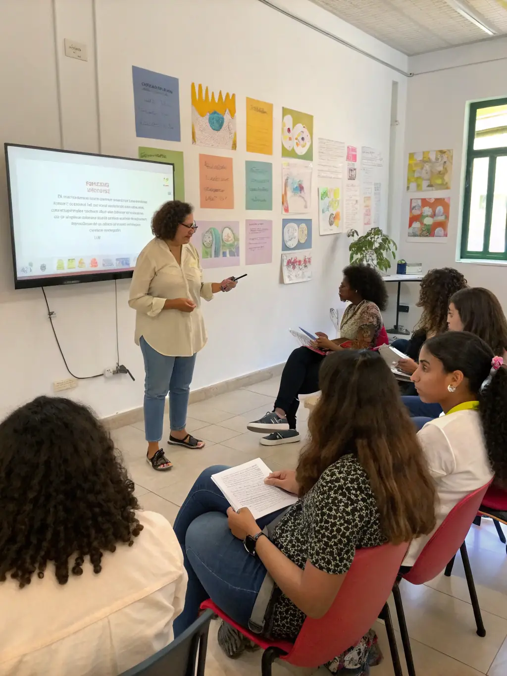 A coach guiding a group of entrepreneurs through a growth coaching session, emphasizing skill-based profit strategies and sustainable business practices.