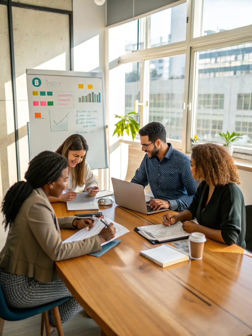 A collaborative business mastermind group session in progress, with participants brainstorming ideas and sharing insights around a conference table.