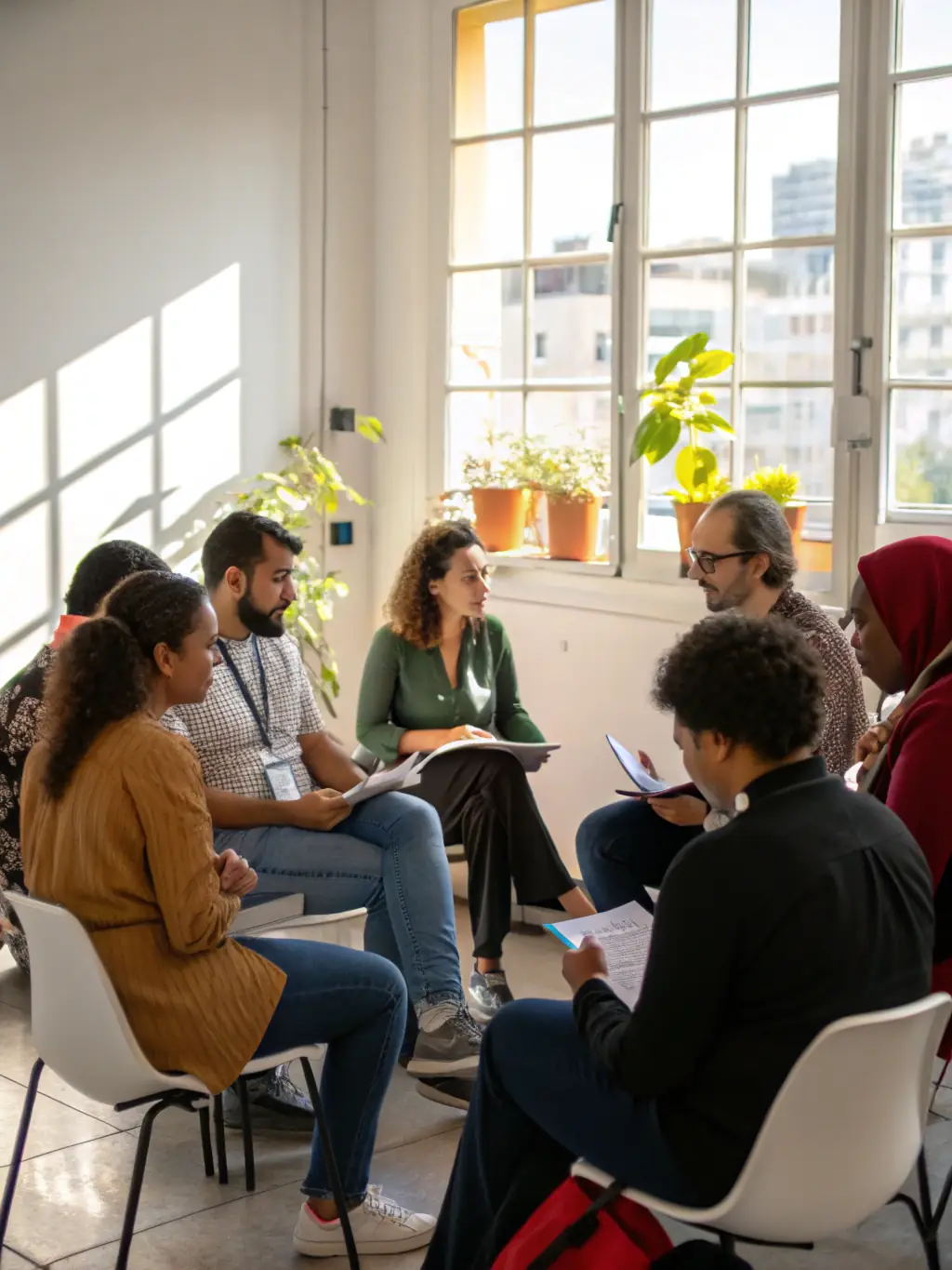 A diverse group of professionals actively participating in a leadership coaching session, set in a modern office environment, with a whiteboard displaying strategic planning concepts.
